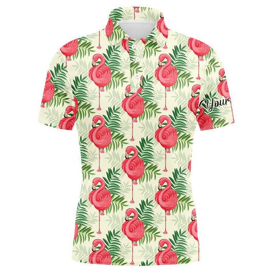 Golf Men Polo Shirt - Custom Name Pink Flamingo Green Tropical Leaf Pattern Apparel - Personalized Gift For Golf Lover, Team, Husband, Boyfriend