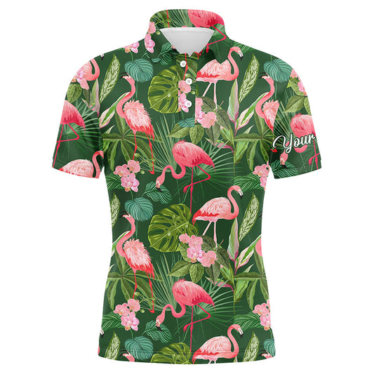 Golf Men Polo Shirt - Custom Name Flamingo Green Tropical Palm Leaves Pattern Apparel - Personalized Gift For Golf Lover, Team, Husband, Boyfriend