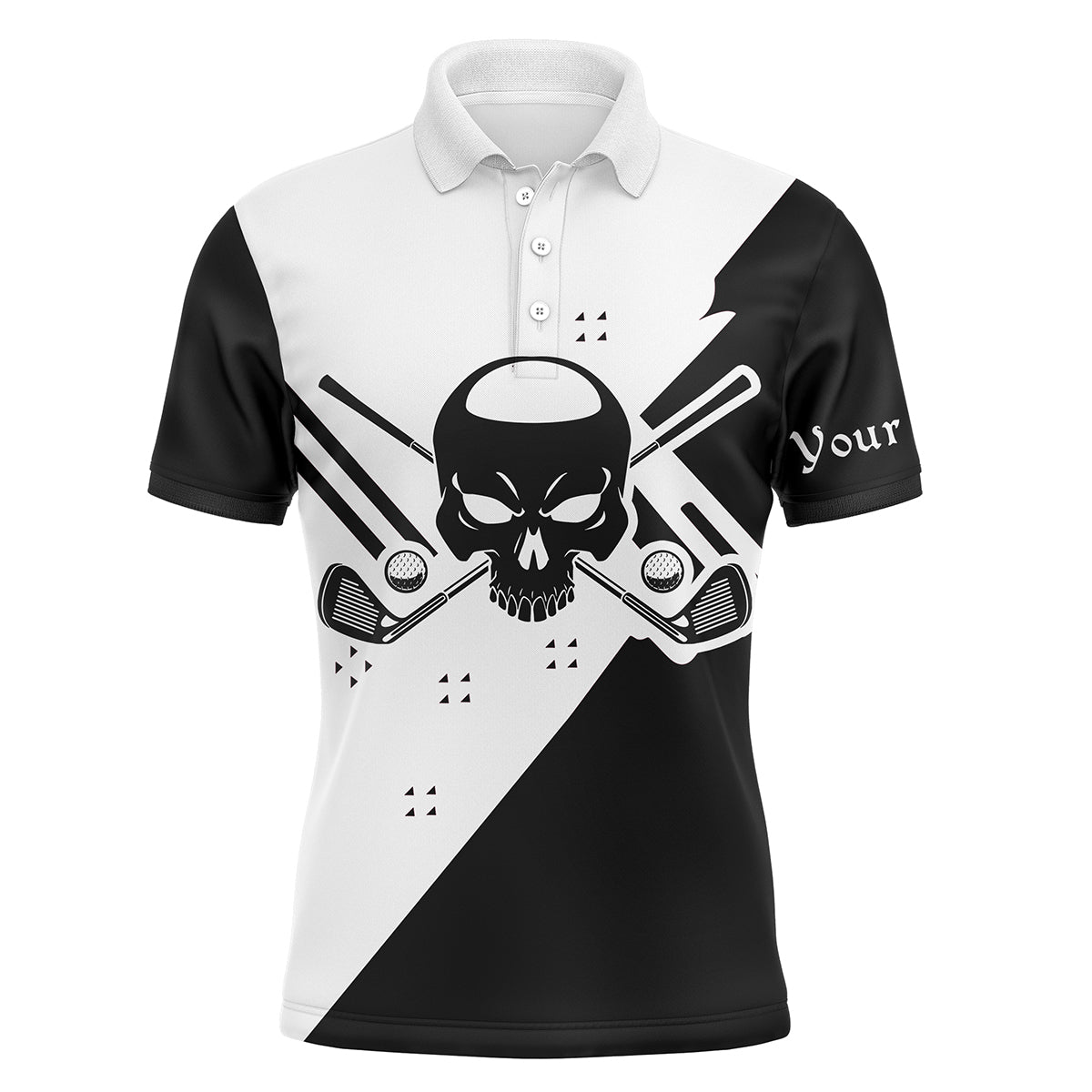 Golf Custom Name Men Polo Shirt - Skull  Black & White Apparel - Personalized Best Gift For Golf Lover, Team, Golfer