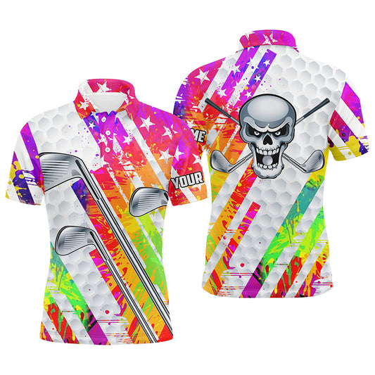 Golf Men Polo Shirt - Custom Name Colorful Watercolor American Flag Skull Apparel - Personalized Gift For Golf Lover, Team, 4th July, Patriotic