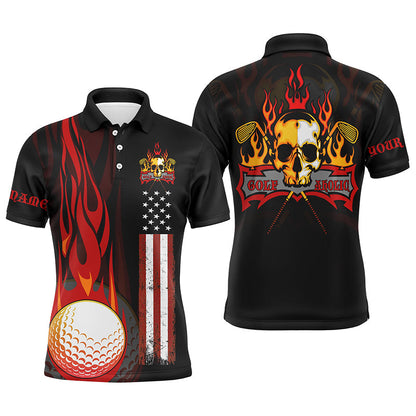 Golf Men Polo Shirt - Flame Skull Golf Ball American Flag Custom Name Apparel - Personalized Gift For Golf Lover, Team, Husband, Men, Patriotic