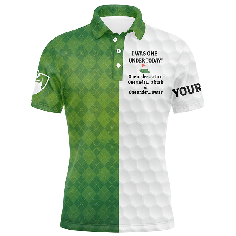 Golf Men Polo Shirt - Custom Name Green White Argyle Pattern Apparel - Personalized Sports Gift For Golf Lover - I Was One Under Today Tree Bush Water