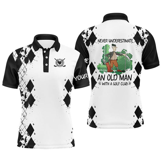 Golf Men Polo Shirt - Argyle Pattern Custom Name Apparel - Personalized Gift For Golf Lover, Team - Never Underestimate An Old Man With A Golf Club