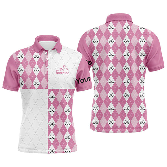 Golf Men Polo Shirt - Pink White Golf Ball Clubs Pattern Custom Name Apparel - Personalized Gift For Golf Lover, Team, Golfer - Addicted