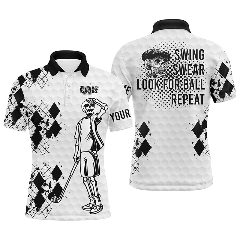 Golf Men Polo Shirt - Custom Name Black White Golf Skull Apparel - Personalized Gift For Golf Lover, Male, Husband - Swing Swear Look For Ball Repeat