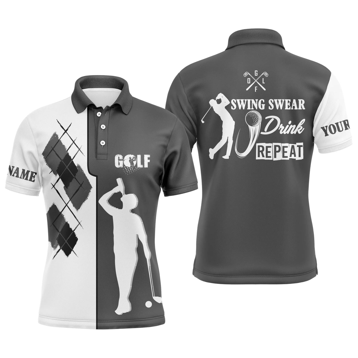 Golf Men Polo Shirt - Custom Name Black White Apparel - Personalized Gift For Golf Lover, Team - Black White Swing Swear Drink Repeat