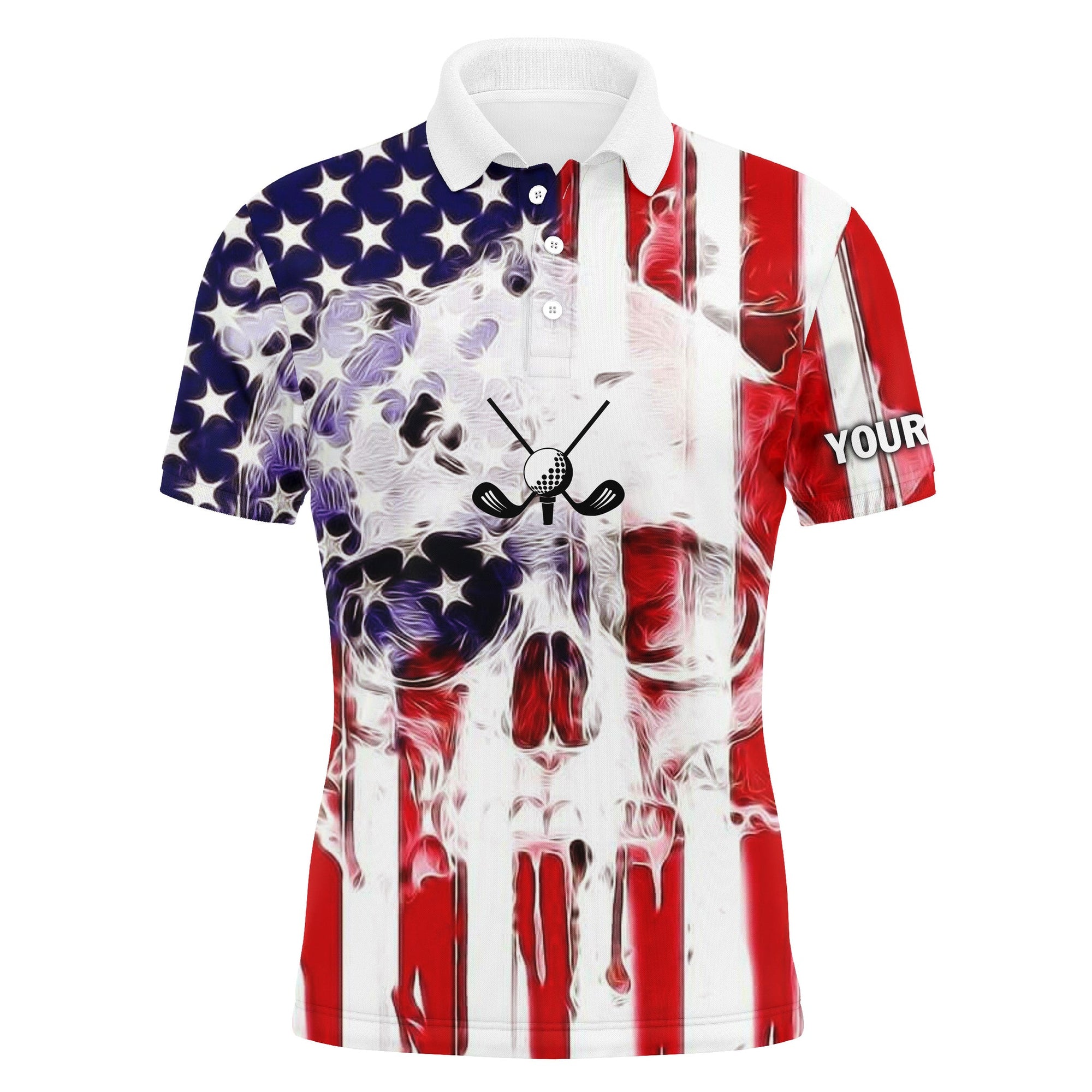 Golf Custom Name Men Polo Shirt - Patriotic American Flag Skull Apparel - Personalized Best Gift For Golf Lover, Team, Golfer, 4th July