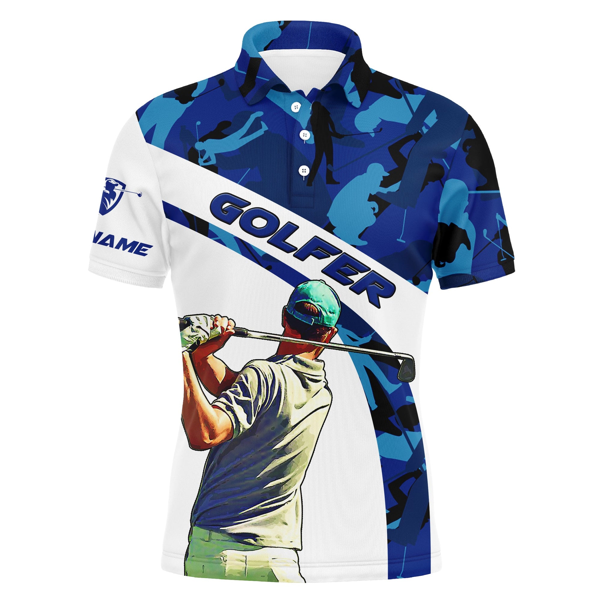 Golf Custom Name Men Polo Shirt - Blue Camo Pattern Golfing Apparel - Personalized Best Gift For Golf Lover, Team, Golfer
