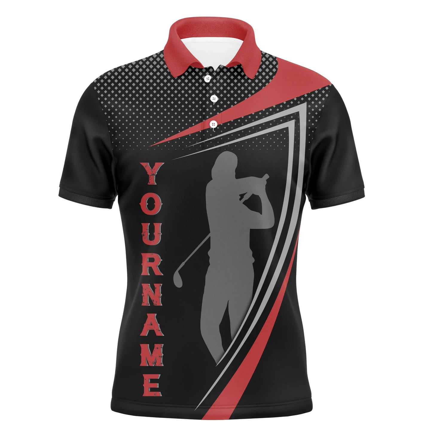 Golf Men Polo Shirt - Red And Black Golfer Silhouette Custom Name Apparel - Personalized Gift For Golf Lover, Team, Male Players, Golfer