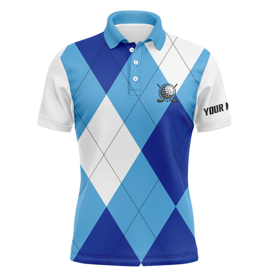 Golf Men Polo Shirt - Blue White Golf Pattern Custom Name Apparel - Personalized Gift For Golf Lover, Team, Golfer, Husband, Boyfriend
