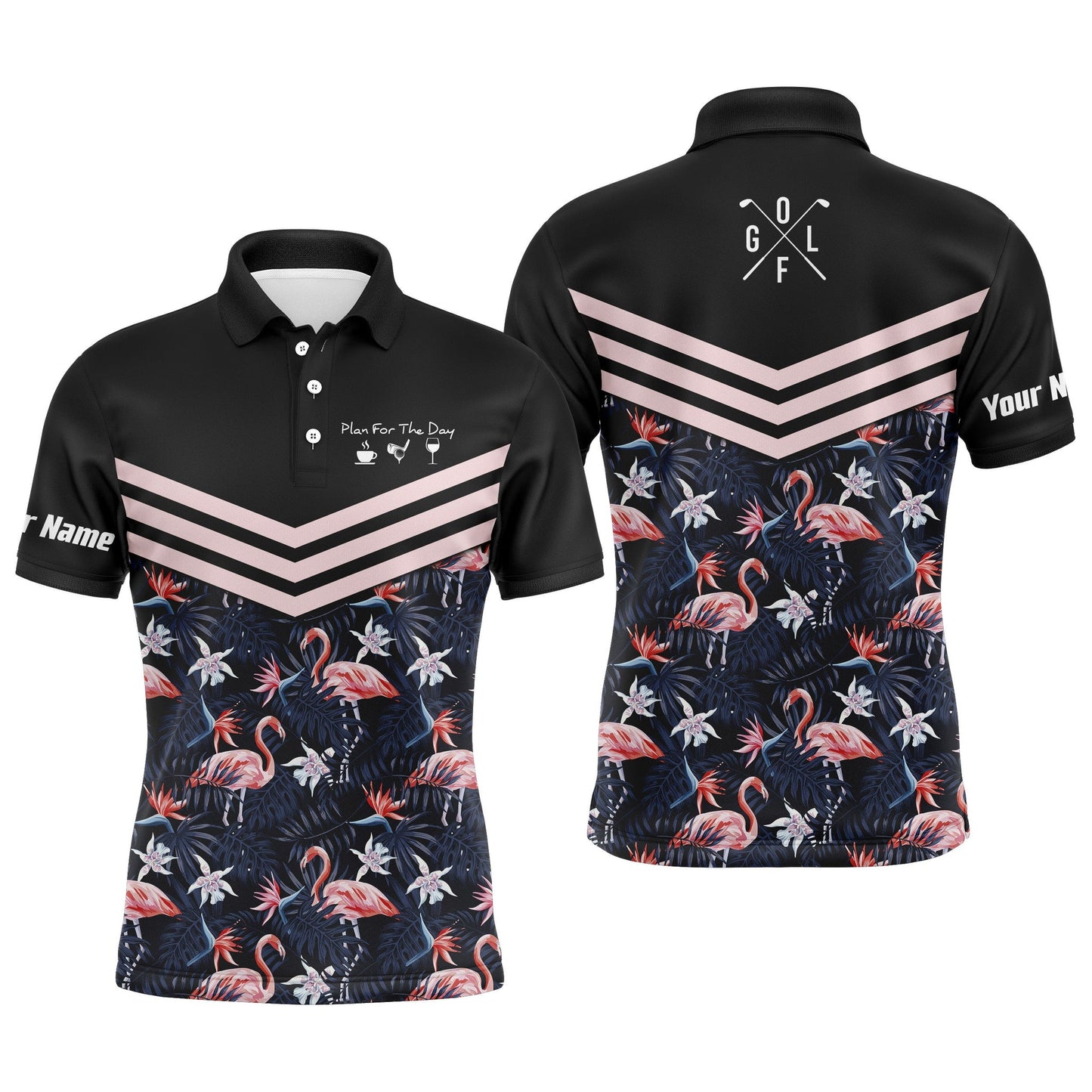 Golf Men Polo Shirt - Tropical Leaf Flamingo Pattern Custom Name Apparel - Personalized Gift For Golf Lover, Team - Plan For The Day Coffee Golf Wine