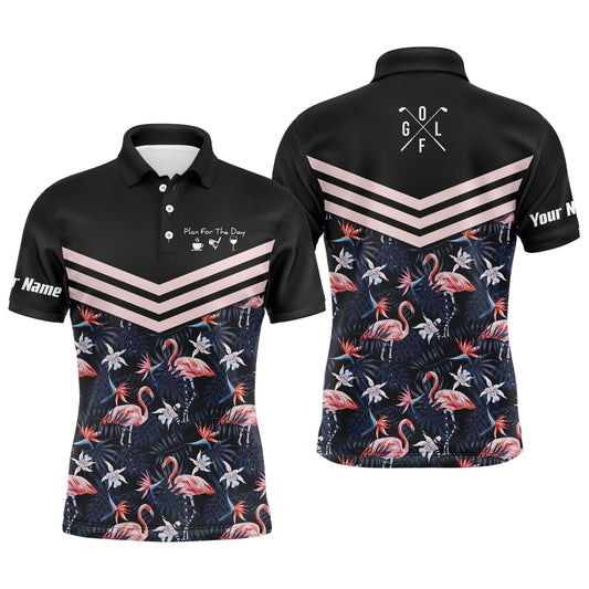 Golf Men Polo Shirt - Tropical Leaf Flamingo Pattern Custom Name Apparel - Personalized Gift For Golf Lover, Team - Plan For The Day Coffee Golf Wine