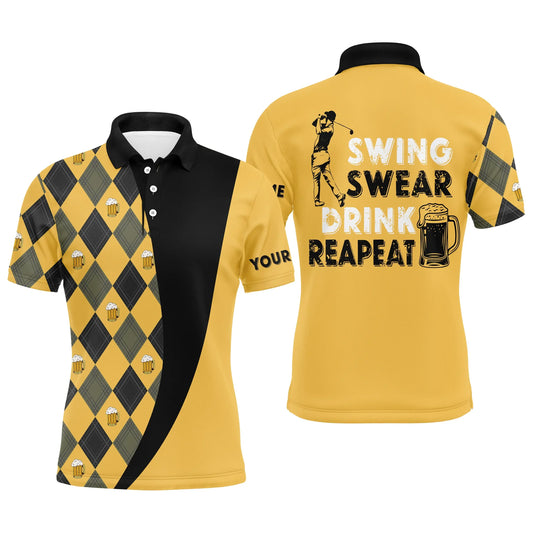 Beer Golf Men Polo Shirt - Argyle Pattern Custom Name Apparel - Personalized Gift For Golf Lover, Team, Male Players - Swing Swear Drink Repeat