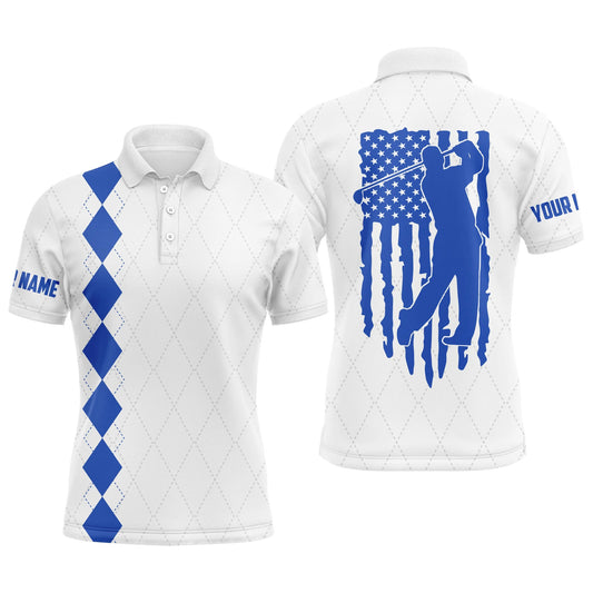 Golf Men Polo Shirt - Custom Name Blue American Flag Apparel - Personalized Gift For Golf Lover, Team, Husband, Boyfriend, Men, Patriotic, 4th July