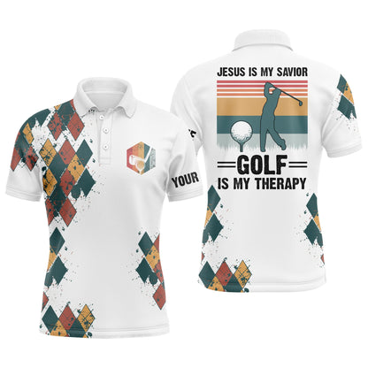 Jesus, Golf Men Polo Shirt - Custom Name Vintage Apparel - Personalized Gift For Golf Lover, Team, Husband - Jesus Is My Savior Golf Is My Therapy