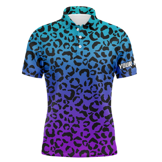 Golf Men Polo Shirt - Custom Name Blue Purple Neon Leopard Pattern Apparel - Personalized Gift For Golf Lover, Team, Husband, Boyfriend, Men