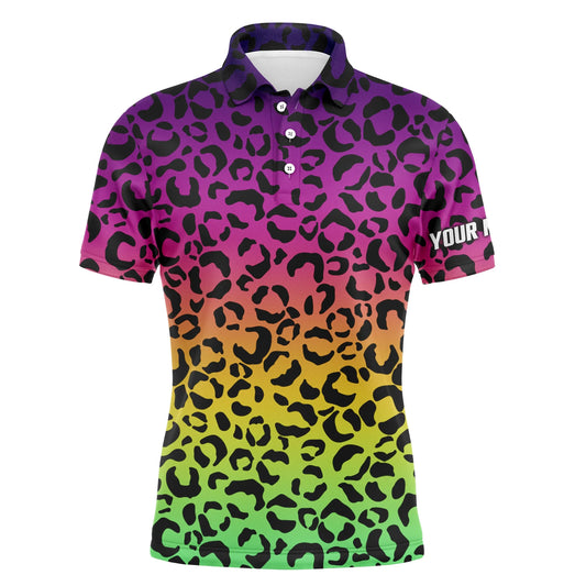 Golf Men Polo Shirt - Custom Name Neon Rainbow Leopard Pattern Apparel - Personalized Gift For Golf Lover, Team, Husband, Boyfriend, Men