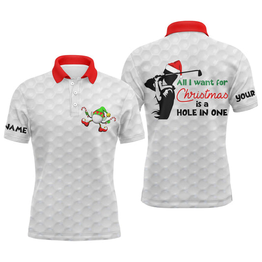 Funny Christmas White Golf Balls Pattern Custom Name Men Polo Shirt - Personalized Gift For Golf Lover - All I Want For Christmas Is A Hole In One