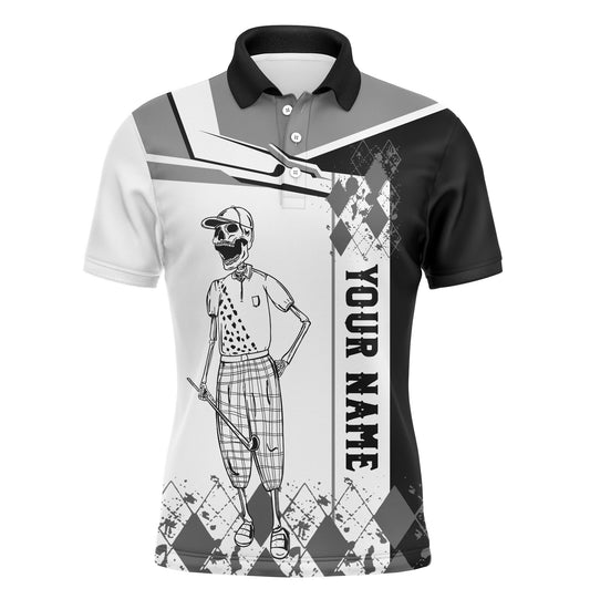 Golf Men Polo Shirt - Custom Name Black White Skull Apparel - Personalized Gift For Golf Lover, Team, Golfer
