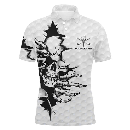 Golf Men Polo Shirt -  Custom Name Skull White Apparel - Personalized Gift For Golf Lover, Men, Husband, Team, Boyfriend