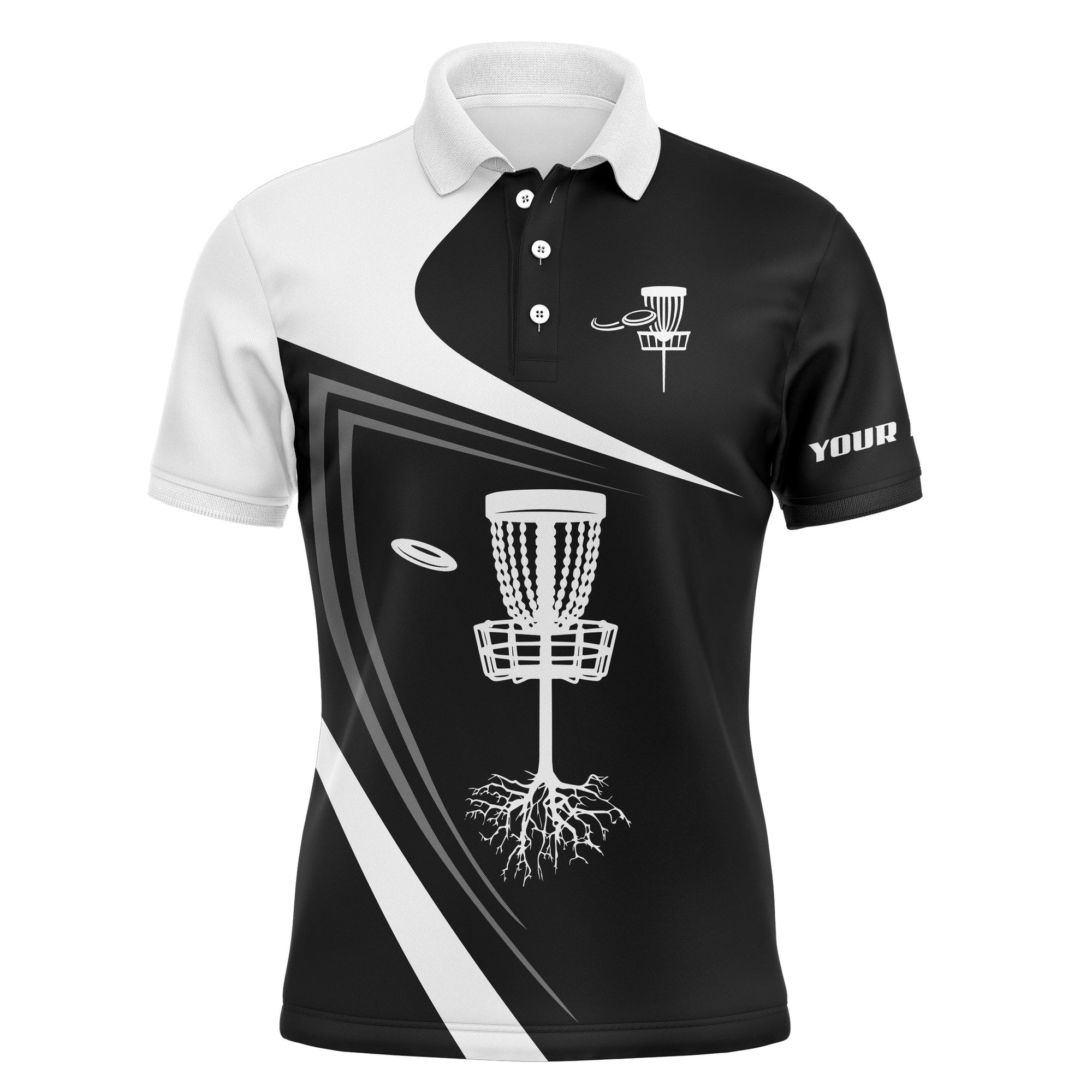 Disc Golf Men Polo Shirt - Custom Name Black And White Disc Golf Basket Apparel - Personalized Gift For Disc Golf Lover, Men, Husband, Boyfriend, Team