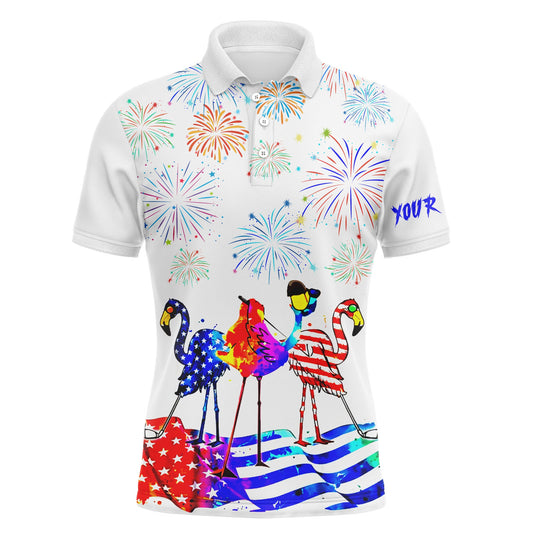 Golf Men Polo Shirt - Custom Name Funny Red White Blue Flamingo American flag Apparel - Personalized Gift For Golf Lover, Men, Team, Husband, Patriot