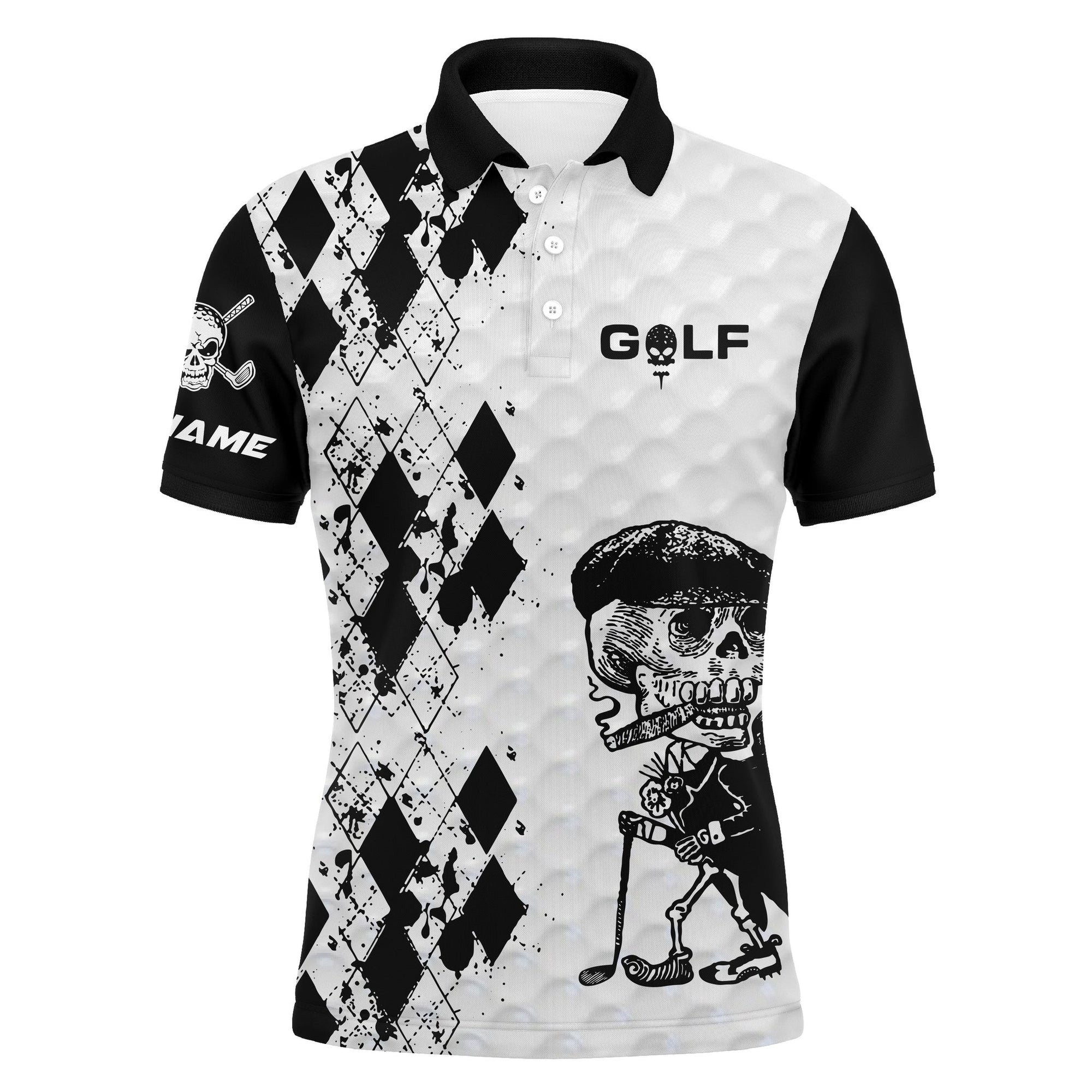 Golf Custom Name Men Polo Shirt - Black & White Argyle Pattern Skull Smoking Apparel - Personalized Best Gift For Golf Lover, Team, Golfer