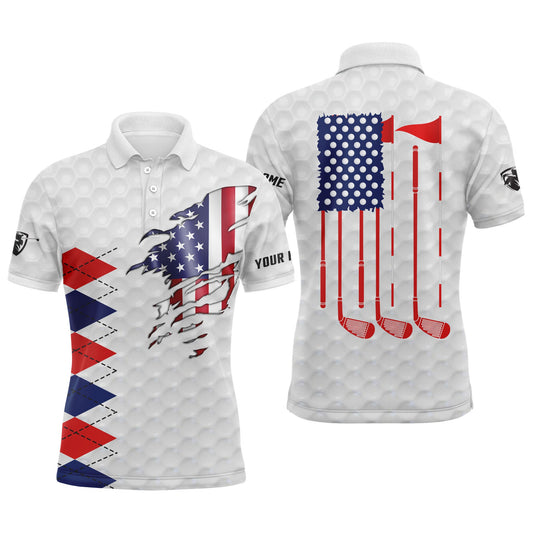 Golf Men Polo Shirt - Custom Name American Flag White Apparel - Personalized Gift For Golf Lover, Male, Husband, Team, Patriotic, Independence Day