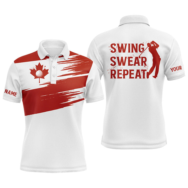 Golf Men Polo Shirt - Custom Name Canada Flag Apparel - Personalized Gift For Golf Lover, Men, Team, Husband, Boyfriend, Patriot - Swing Swear Repeat