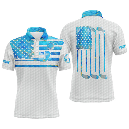 Golf Men Polo Shirt - Custom Name Blue Watercolor American Flag Apparel - Personalized Gift For Golf Lover, Team, Husband, Boyfriend, Men