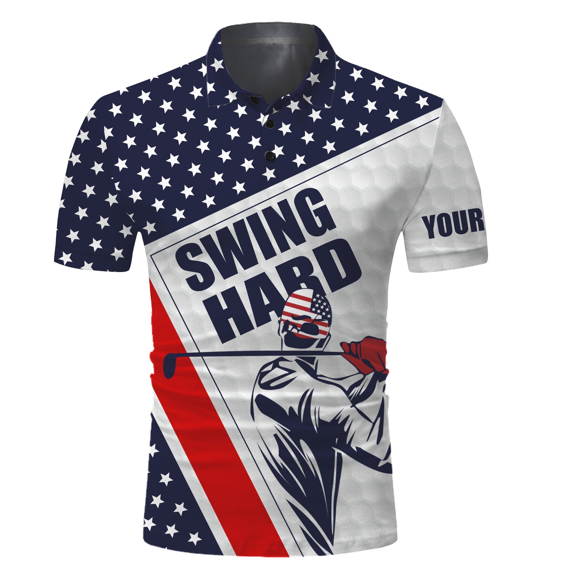 Golf Custom Name Men Polo Shirt - Patriotic American Flag Golfing Apparel - Personalized Best Gift For Golf Lover, Team, Golfer, 4th July - Swing Hard