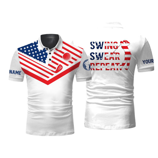 Golf Men Polo Shirt - American Flag 4th July Custom Name Apparel - Personalized Gift For Golf Lover, Men, Husband, Team, Patriot - Swing Swear Repeat
