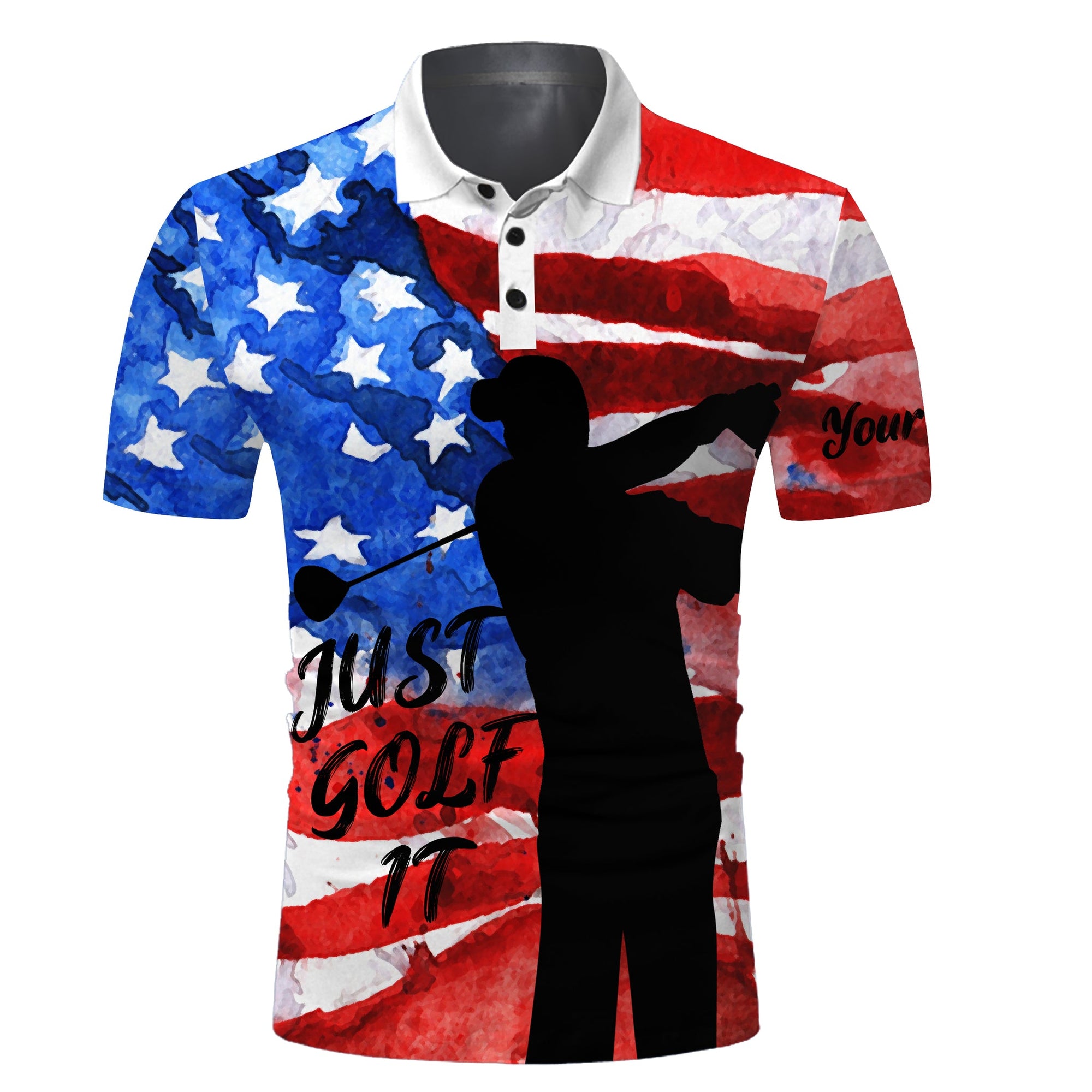 Golf Custom Name Men Polo Shirt - Patriotic American Flag Men Golfing Apparel - Personalized Best Gift For Golf Lover, Team, Golfer - Just Golf It