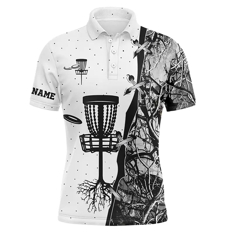 Disc Golf Men Polo Shirt - Custom Name Blue Black Camo Disc Golf Basket Apparel - Personalized Gift For Disc Golf Lover, Men, Husband, Team