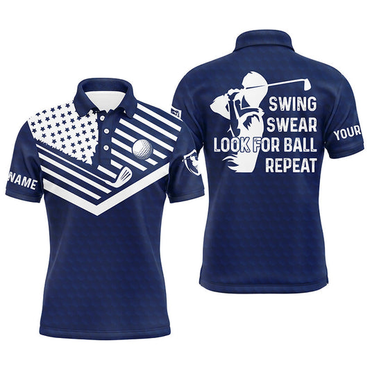 Golf Men Polo Shirt - Custom Name American Flag Apparel - Personalized Gift For Golf Lover, Male, Team Golf - Swing Swear Look For Ball Repeat