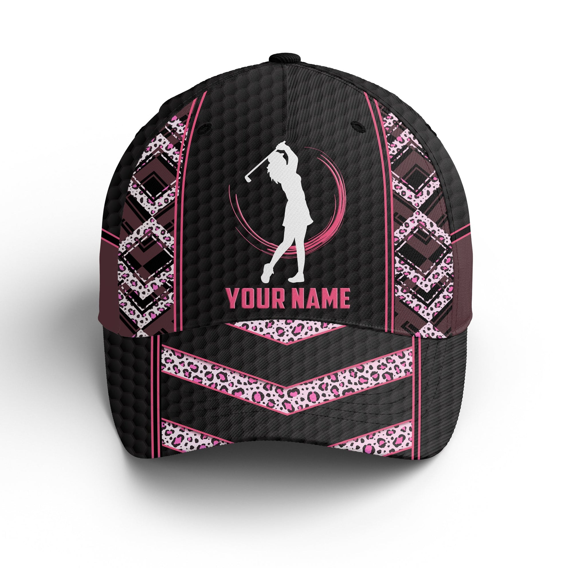 Leopard Pattern Golf Cap Custom Name For Women, Personalized Golf Lover Gifts, Black & Pink Golf Sun Hats Unique Gifts For Him, Golfer, Her, Friend