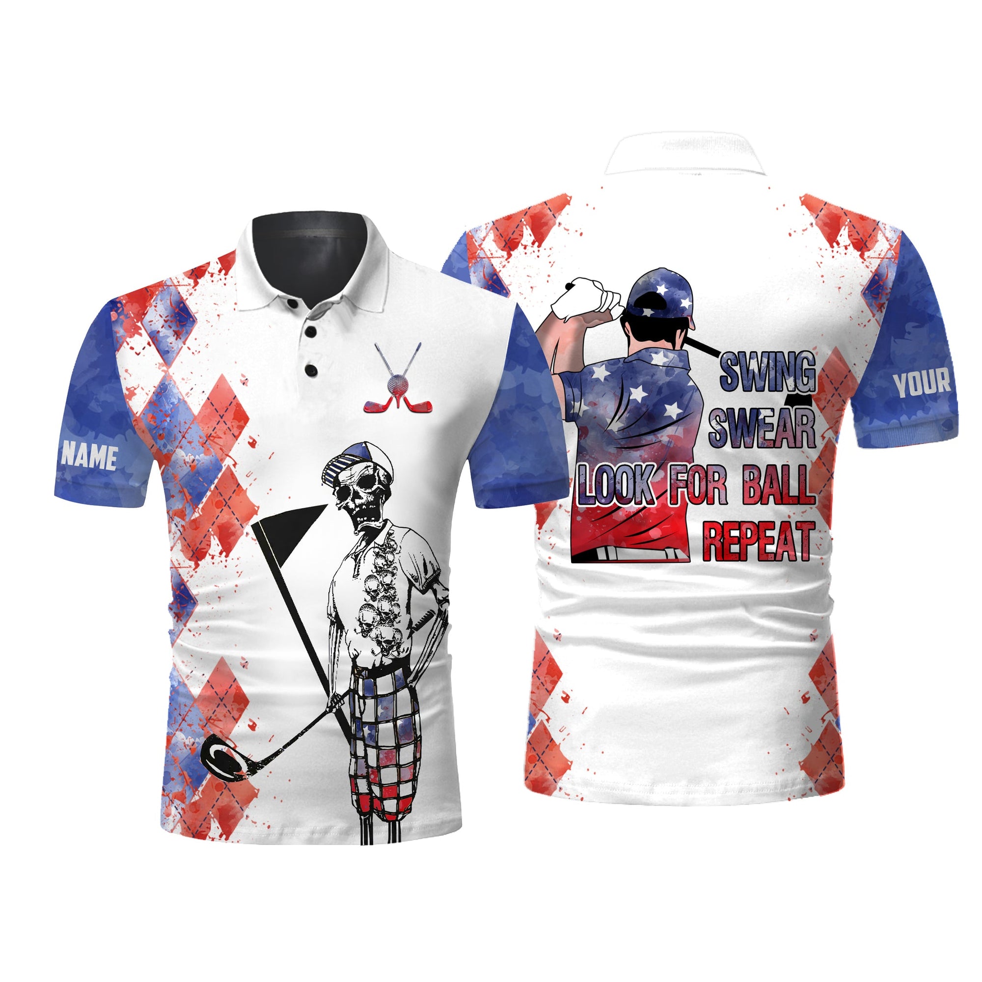 Golf Custom Name Men Polo Shirt - American Flag 4th July Apparel - Personalized Best Gift For Golf Lover, Team - Swing Swear Look For Ball Repeat