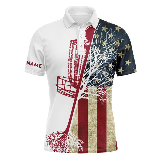 Disc Golf Men Polo Shirt - Custom Name Vintage American Flag Disc Golf Basket Apparel - Personalized Sports Gift For Golf Lover, Male, Husband
