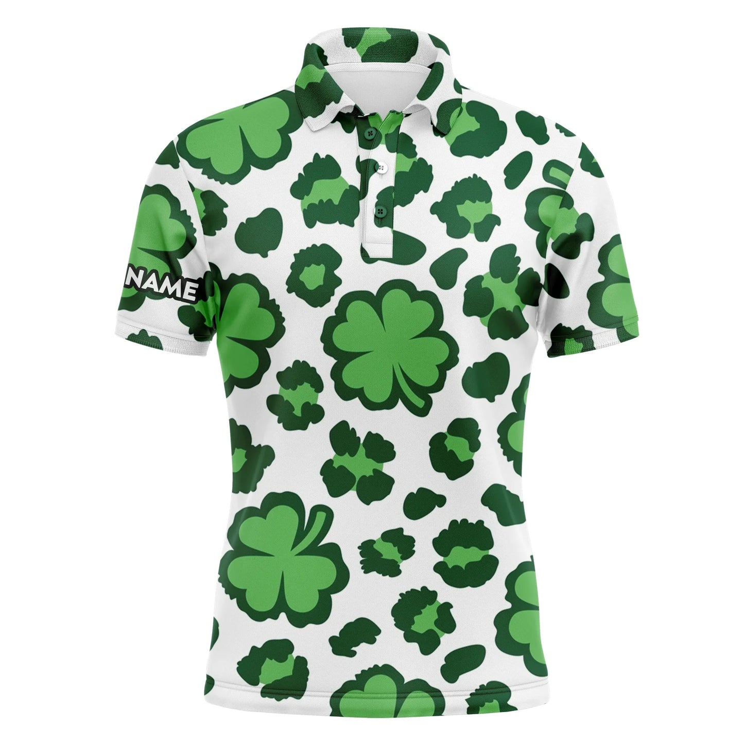 Golf Men Polo Shirt - Custom Name Clover And Leopard Pattern St. Patrick's Day Apparel - Personalized Gift For Golf Lover, Men, Husband, Team