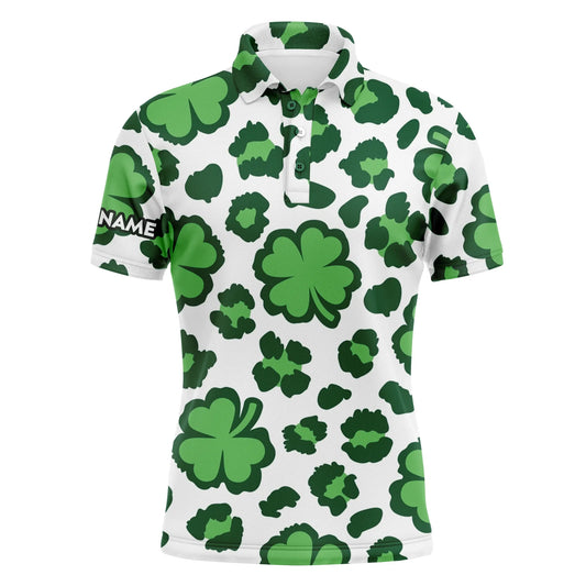 Golf Men Polo Shirt - Custom Name Clover And Leopard Pattern St. Patrick's Day Apparel - Personalized Gift For Golf Lover, Men, Husband, Team