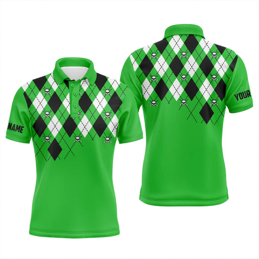 Golf Men Polo Shirt - Custom Name Green Argyle Plaid Golf Skull Pattern Apparel - Personalized Gift For Golf Lover, Team, Husband, Boyfriend
