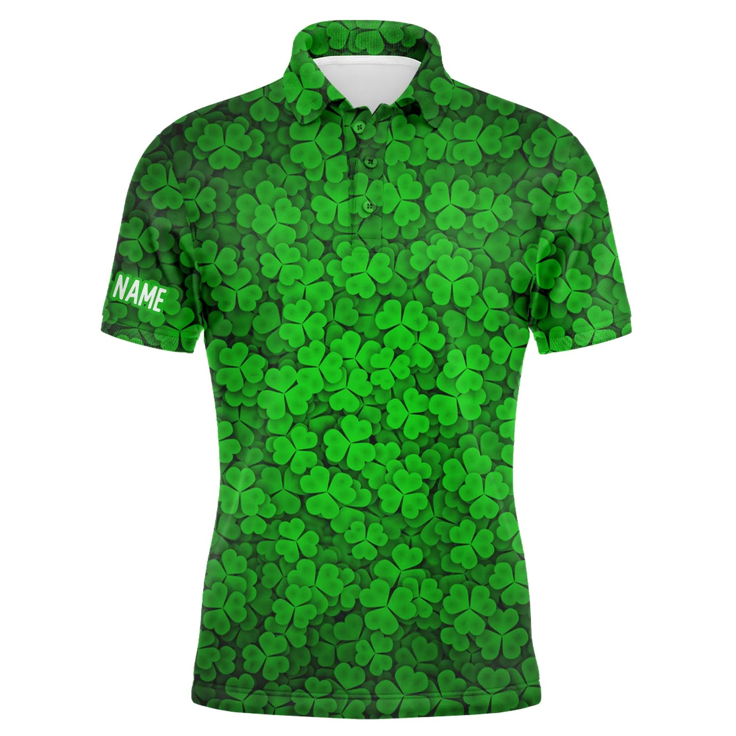 Golf Men Polo Shirt - Custom Name Green Clover St Patrick's Day Pattern Apparel - Personalized Sports Gift For Golf Lover, Male, Husband, Team Golf