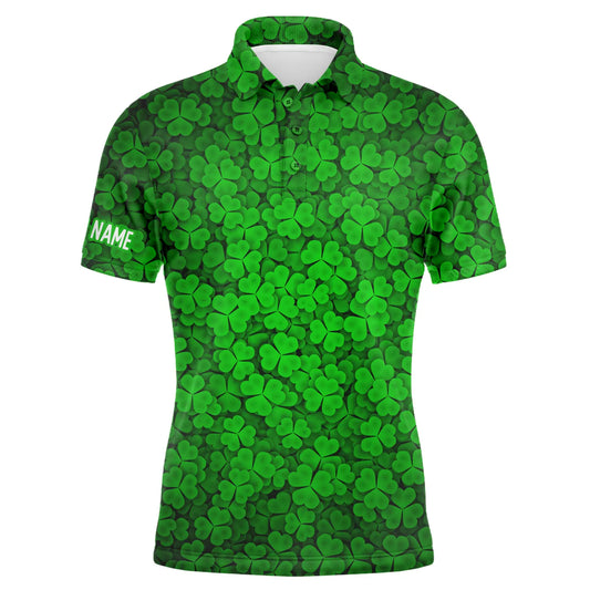 Golf Men Polo Shirt - Custom Name Green Clover St Patrick's Day Pattern Apparel - Personalized Sports Gift For Golf Lover, Male, Husband, Team Golf