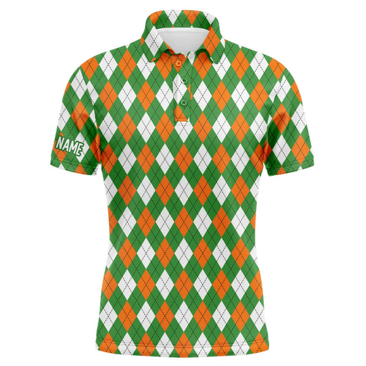 Golf Men Polo Shirt - Custom Name Green Orange White St. Patricks Day Argyle Plaid Pattern Apparel - Personalized Gift For Golf Lover, Men
