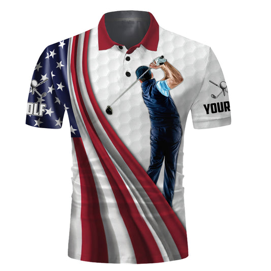 Golf Men Polo Shirt - Custom Name White Golf American Flag 4th July Apparel - Personalized Sports Gift For Golf Lover, Male, Patriotic