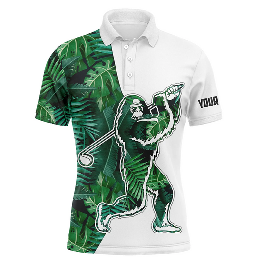 Bigfoot Golf Men Polo Shirt, Tropical Green Leaves Pattern Sasquatch Playing Golf Custom Name Apparel, Personalized Gift For Golf Lover, Team, Husband