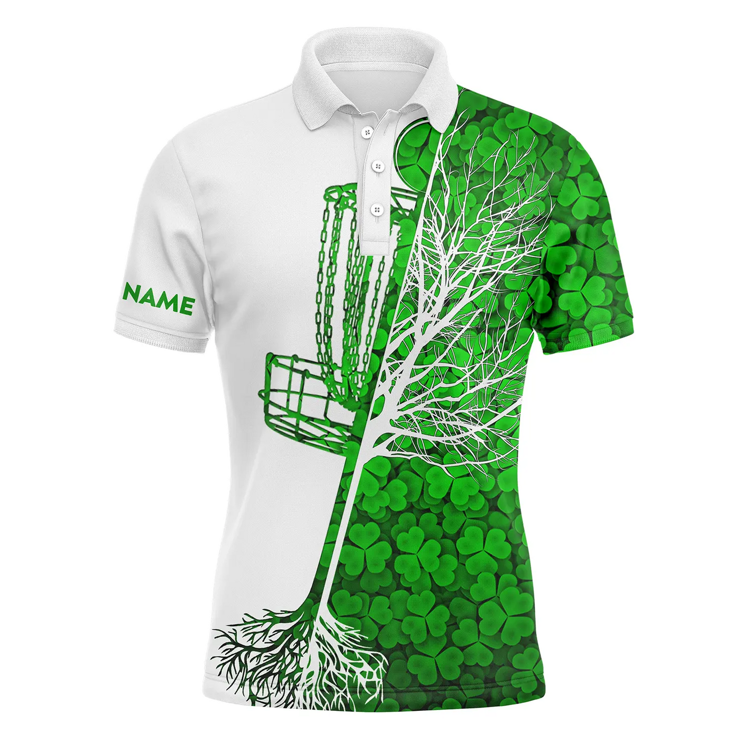 Disc Golf Men Polo Shirt - Custom Name Green Clover St Patrick's Day Pattern Disc Golf Basket Apparel - Personalized Gift For Disc Golf Lover, Men