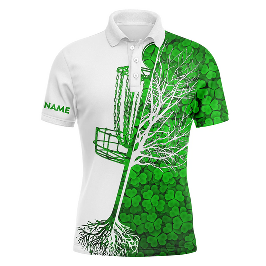 Disc Golf Men Polo Shirt - Custom Name Green Clover St Patrick's Day Pattern Disc Golf Basket Apparel - Personalized Gift For Disc Golf Lover, Men