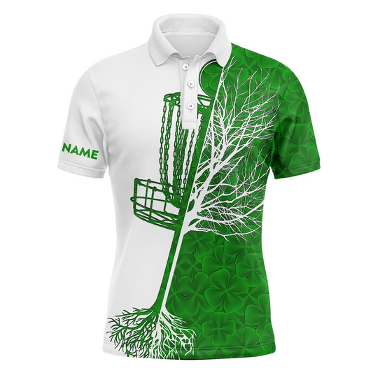Disc Golf Men Polo Shirt - Custom Name Green Clover St Patrick's Day Pattern Disc Golf Basket Apparel - Personalized Gift For Disc Golf Lover, Male