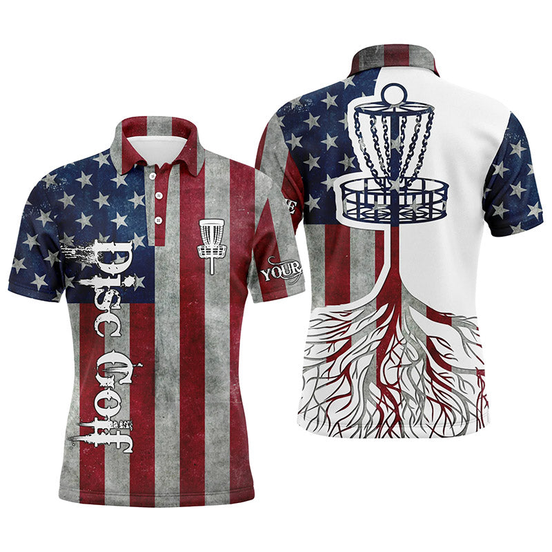 Disc Golf Men Polo Shirt - Custom Name American Flag Disc Golf Basket Apparel - Personalized Gift For Golf Lover, Men, Husband, Team, Patriotic